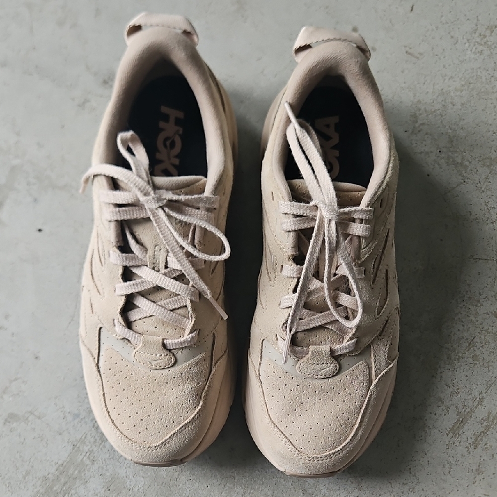 Hoka Genuine Suede Tan Khaki Neutral Clifton Sneakers Comfort